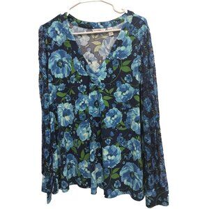 Isaac Mizrahi Live Womens BOH Whimsygoth Blouse Top 1X Blue Floral Lace Sleeve